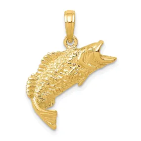 14k Yellow Gold Solid Polished Textured Finish Bass Fish Jumping Charm Pendant