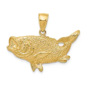 14k Yellow Gold Solid Polished Textured Finish Open Back Bass Fish Charm Pendant