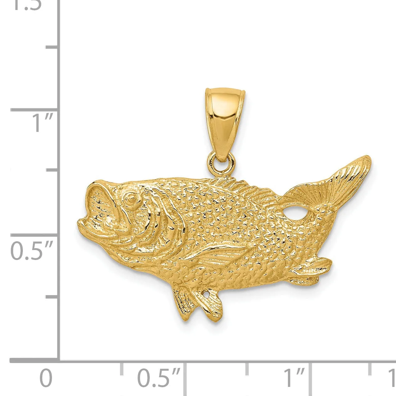 14k Yellow Gold Solid Polished Textured Finish Open Back Bass Fish Charm Pendant