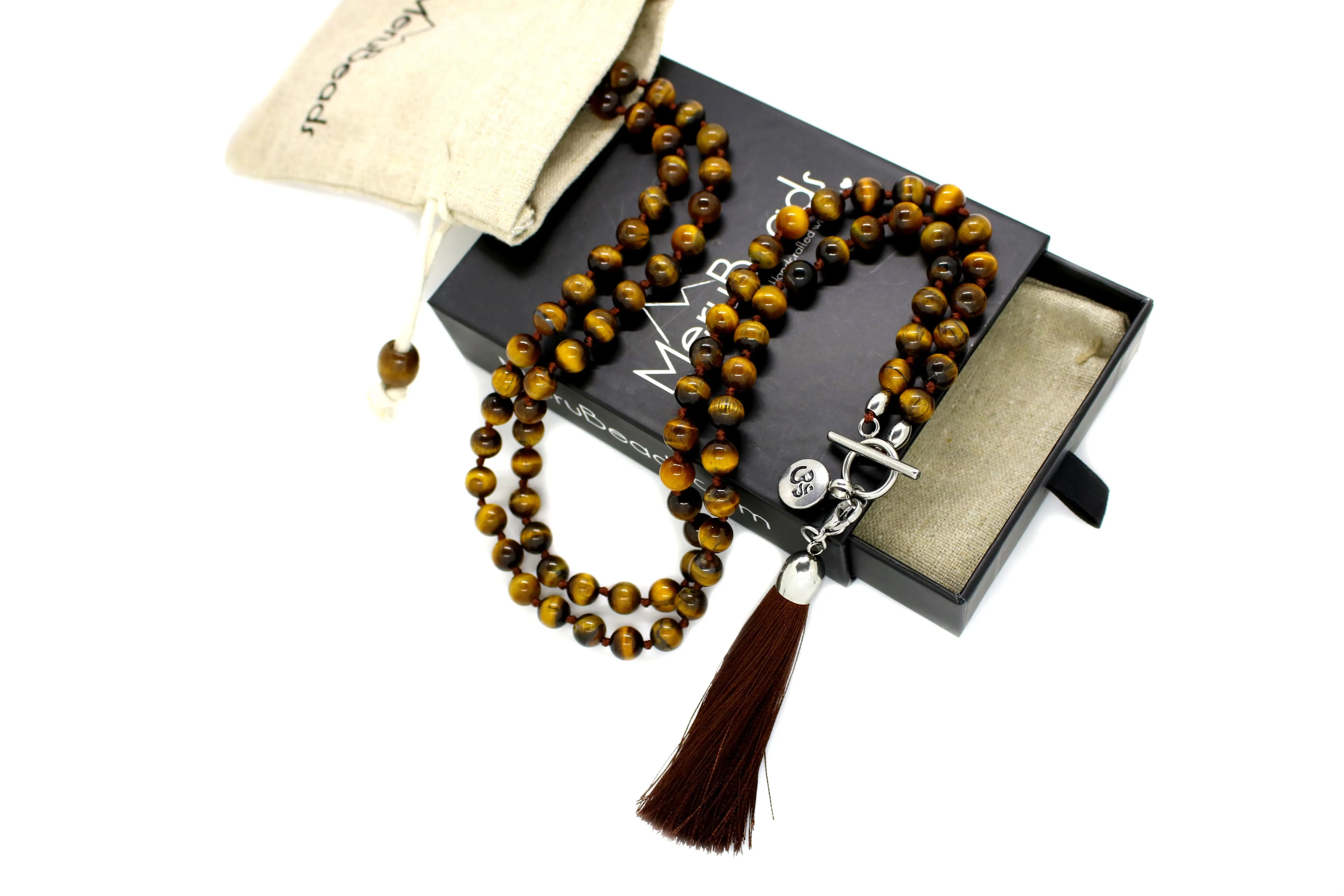 8mm Tiger's Eye Yellow Mala Beads Wrap Necklace with Removable Tassel