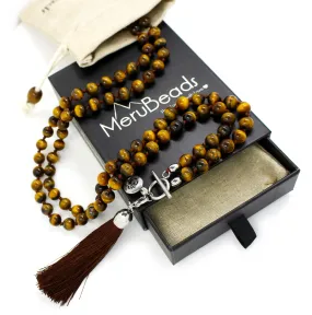 8mm Tiger's Eye Yellow Mala Beads Wrap Necklace with Removable Tassel