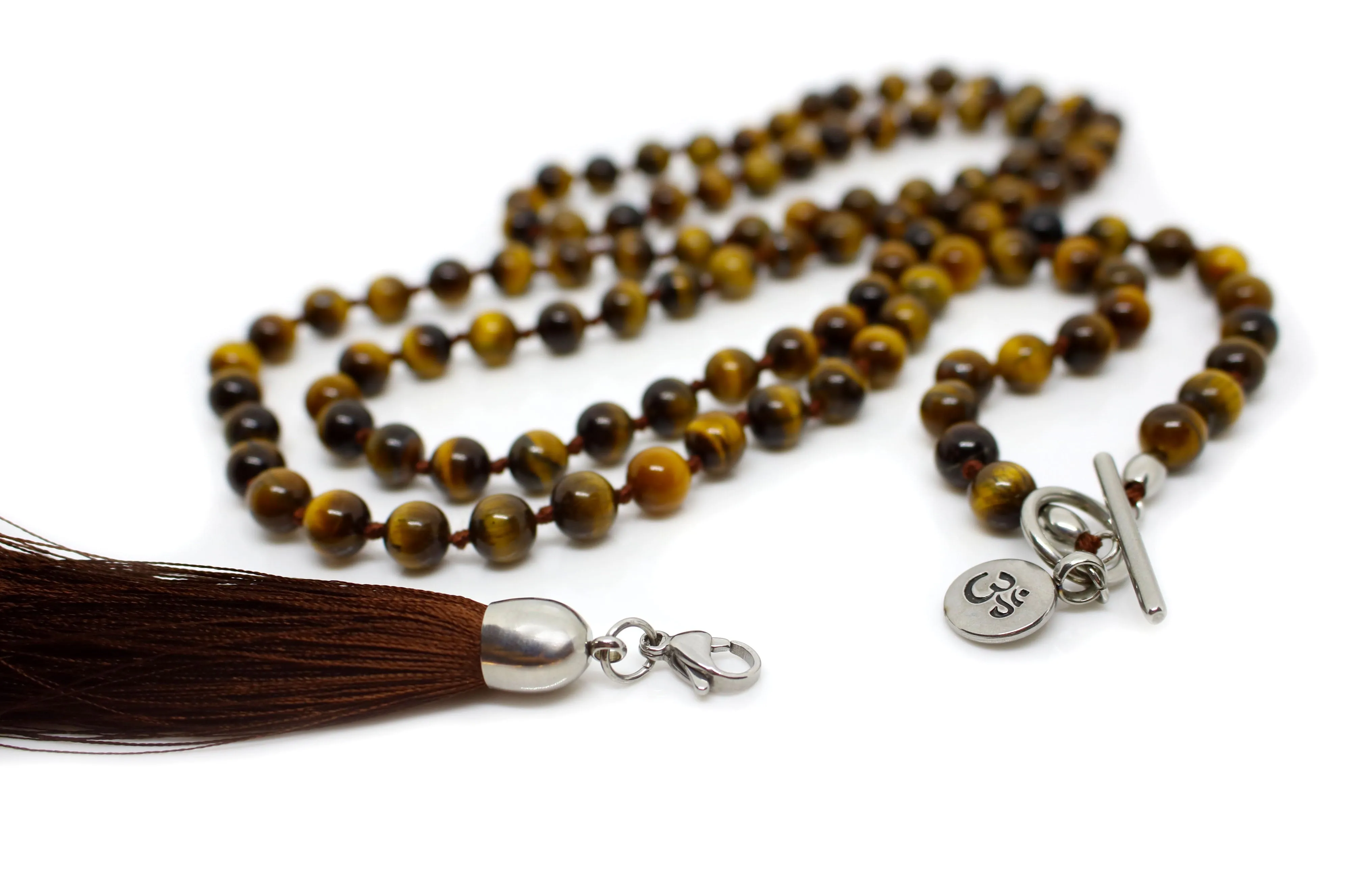 8mm Tiger's Eye Yellow Mala Beads Wrap Necklace with Removable Tassel