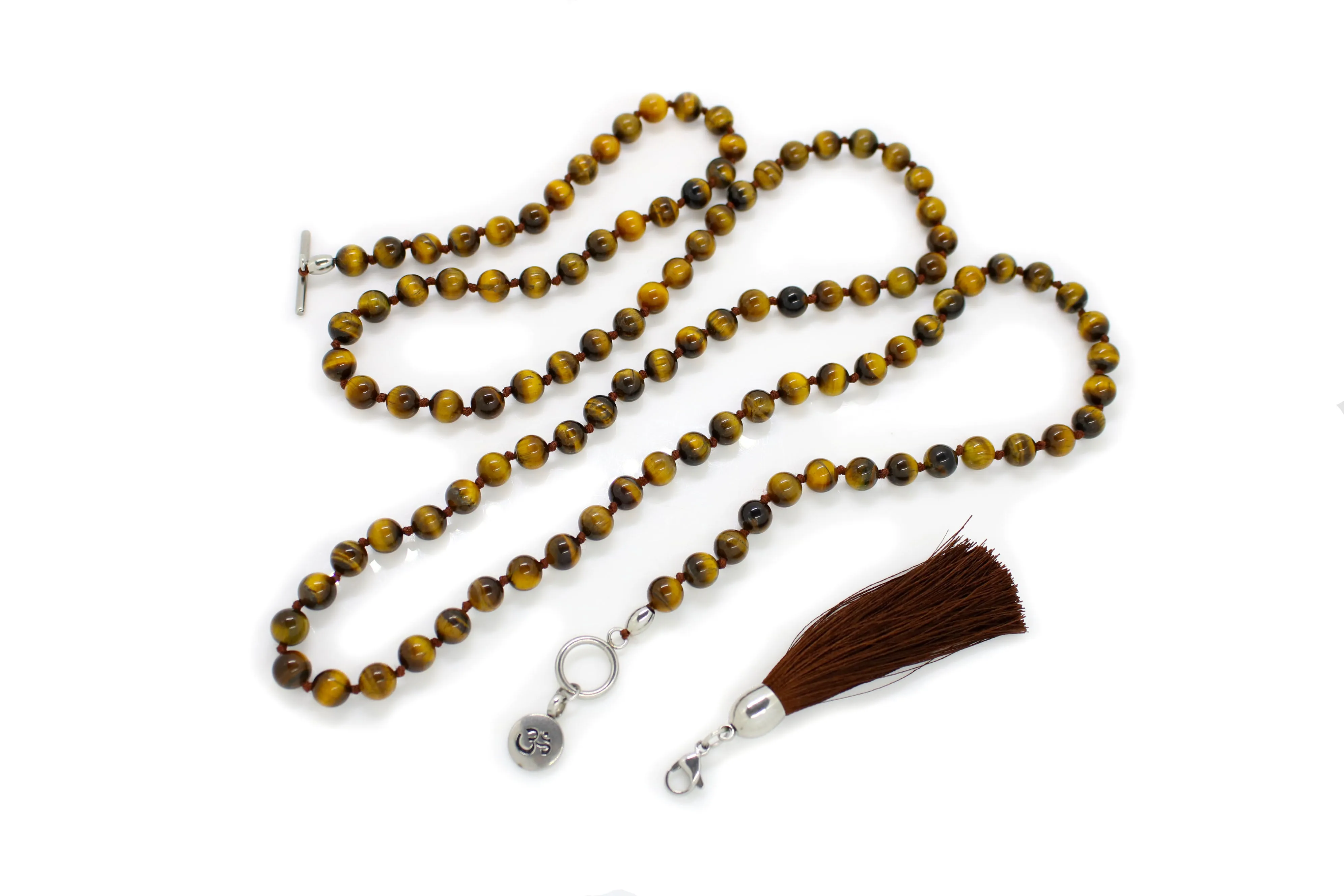 8mm Tiger's Eye Yellow Mala Beads Wrap Necklace with Removable Tassel