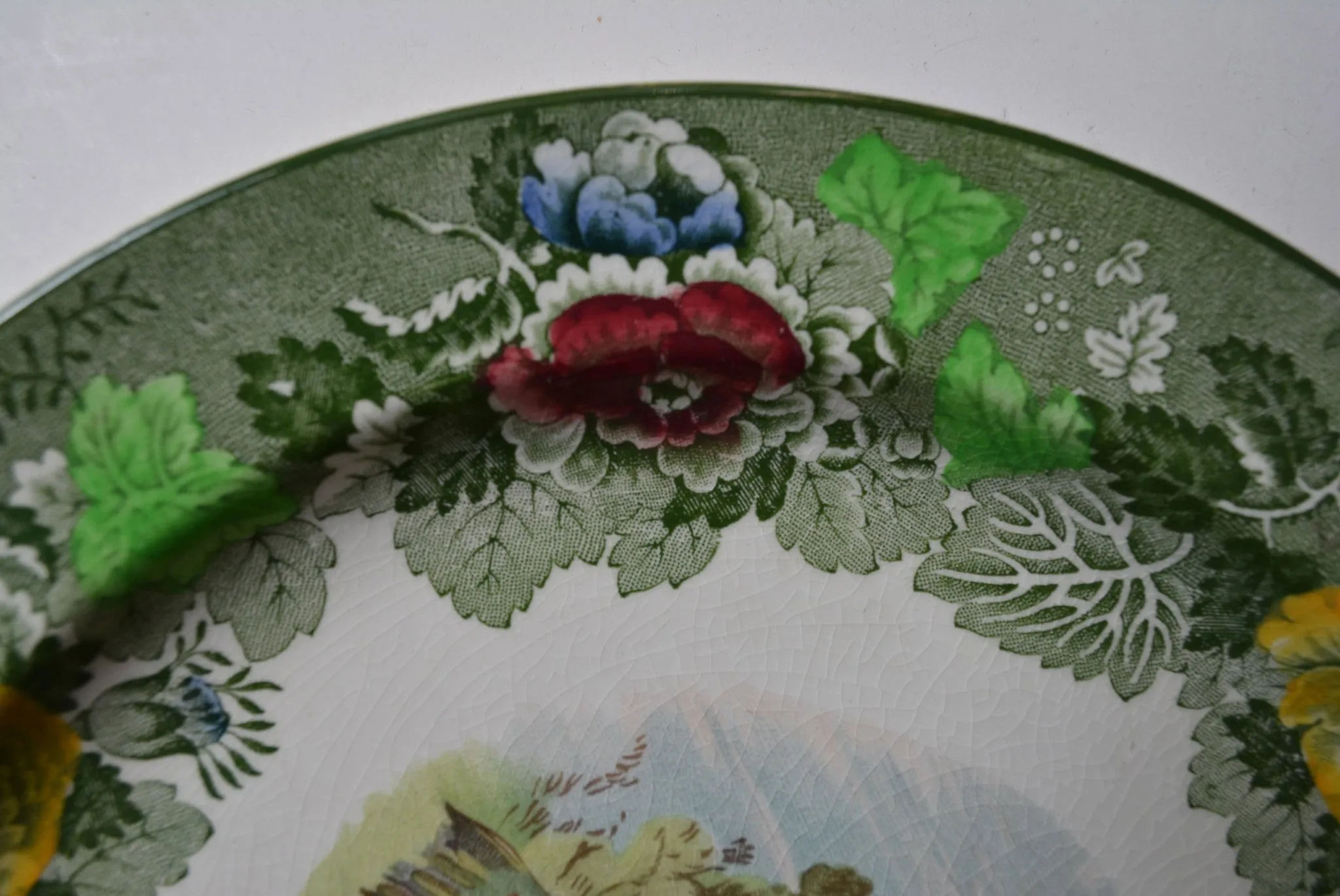 Antique Green English Transferware Handpainted Fish Plate w/ Roses Border Woods Ware
