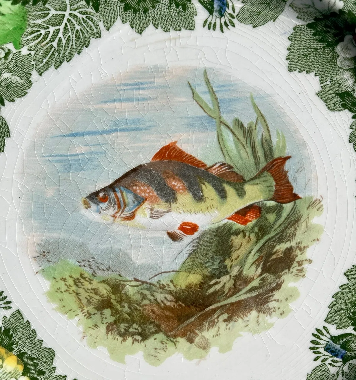 Antique Green English Transferware Handpainted Fish Plate w/ Roses Border Woods Ware