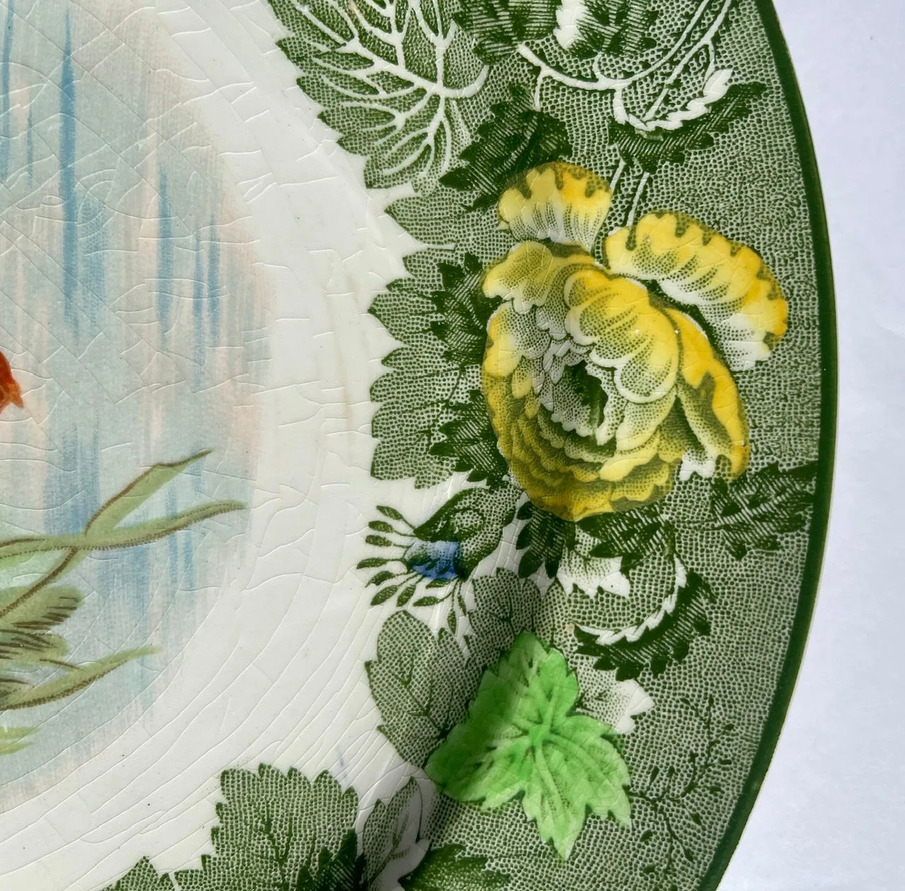 Antique Green English Transferware Handpainted Fish Plate w/ Roses Border Woods Ware