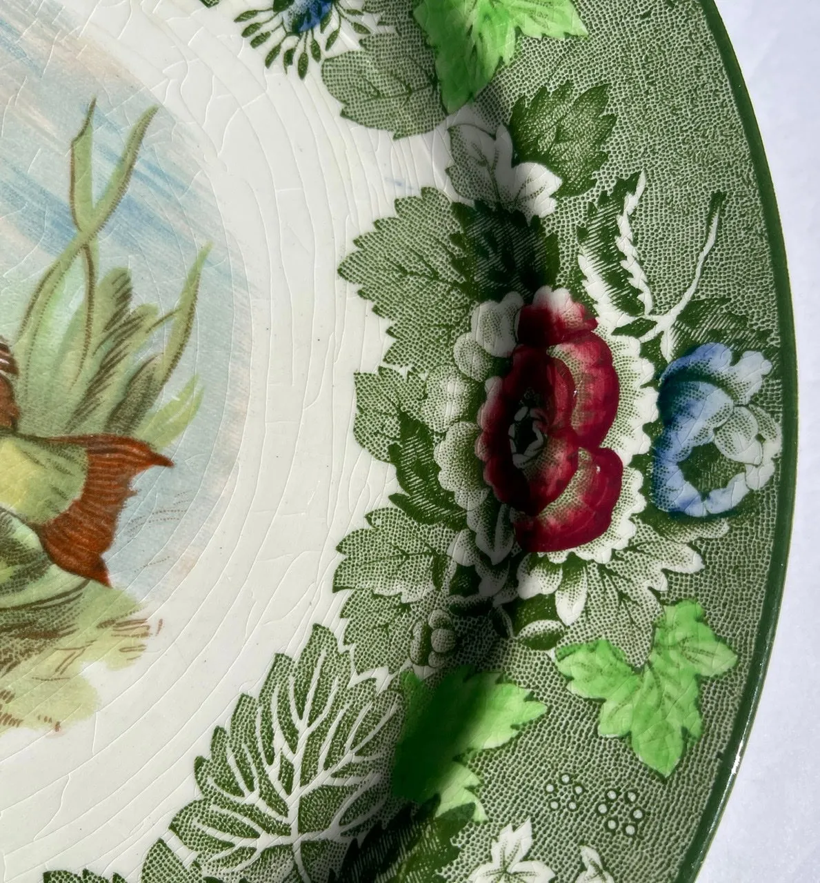 Antique Green English Transferware Handpainted Fish Plate w/ Roses Border Woods Ware
