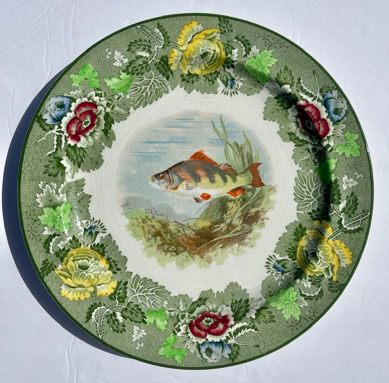 Antique Green English Transferware Handpainted Fish Plate w/ Roses Border Woods Ware