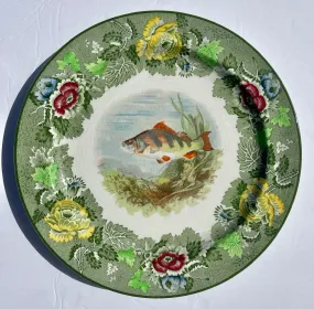 Antique Green English Transferware Handpainted Fish Plate w/ Roses Border Woods Ware