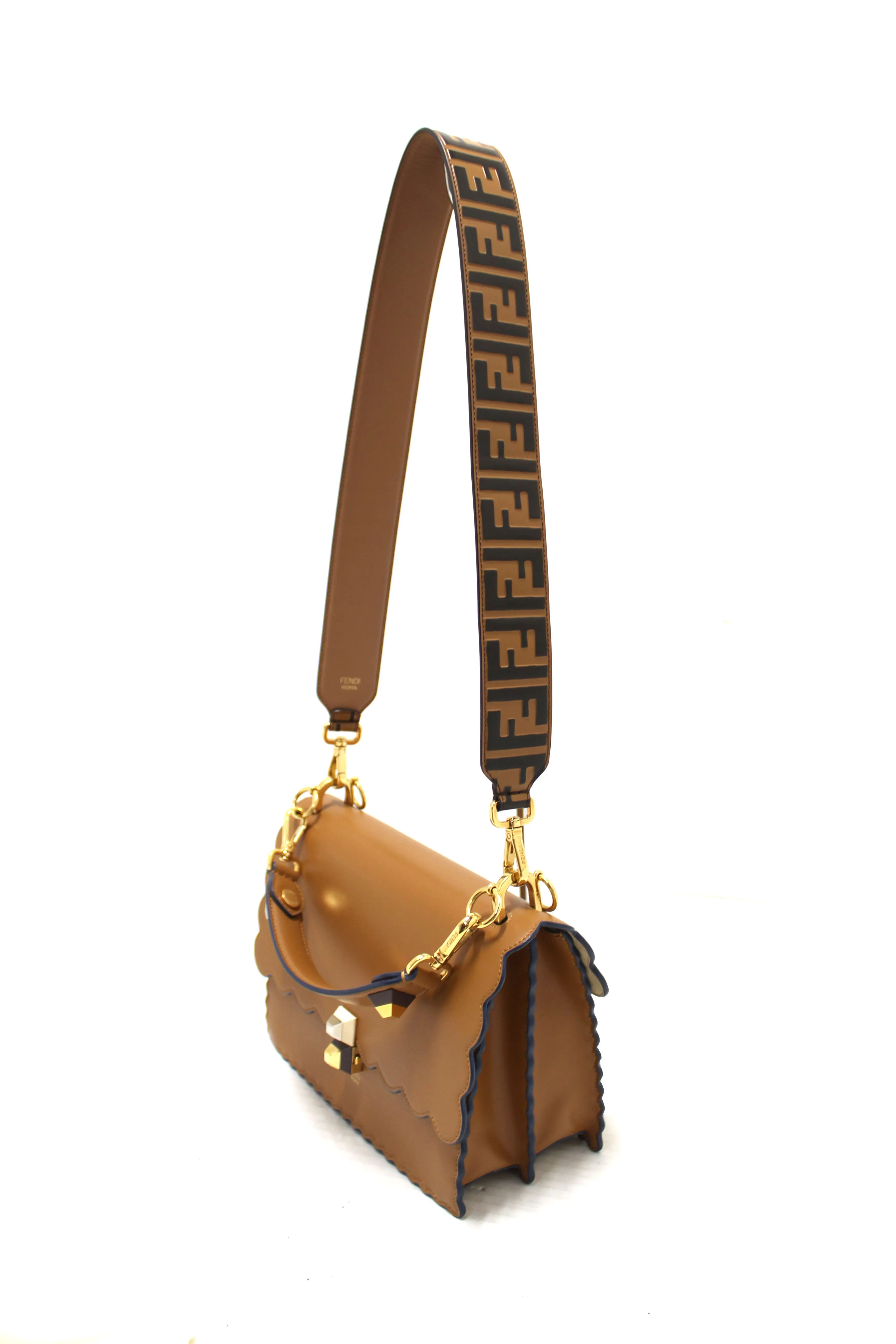 Authentic Fendi Brown Scallop Leather Mini I Kan Chain Shoulder Bag with Extra Fendi Strap