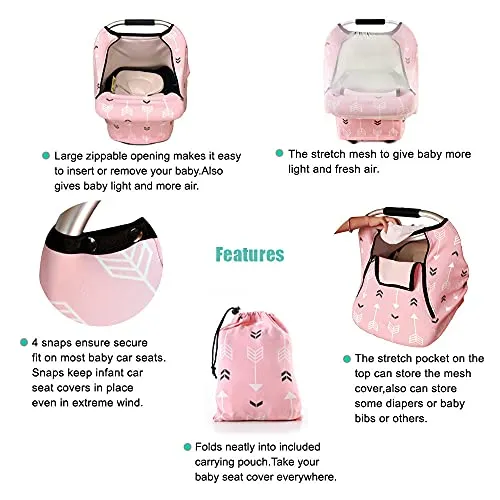 Baby Car Seat Covers-Acrabros Multifunctional Infant Carseat Canopy for Boys Girls,Stretchy Breathable Adjustable Peep Window Universal Fit Pink"Baby Arrow"