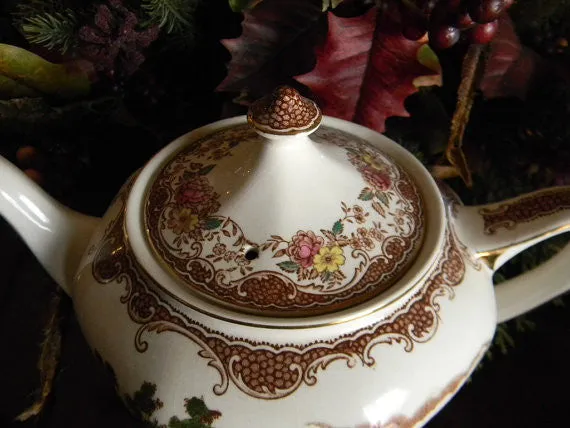 Brown Polychrome Transferware Tea Pot Teapot Olde England Fishing Stream Thatched Cottage