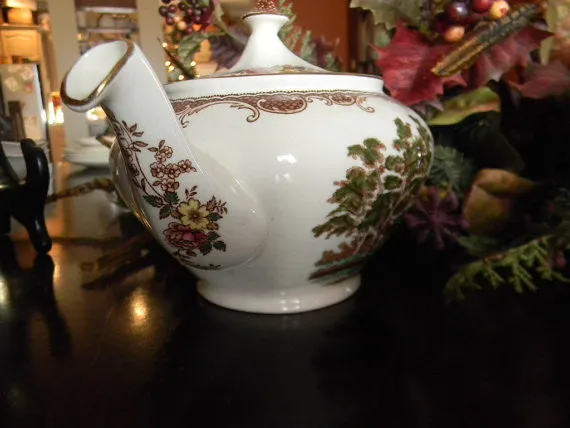 Brown Polychrome Transferware Tea Pot Teapot Olde England Fishing Stream Thatched Cottage