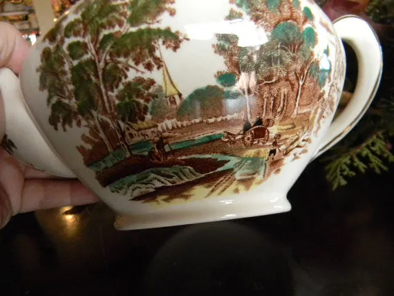 Brown Polychrome Transferware Tea Pot Teapot Olde England Fishing Stream Thatched Cottage