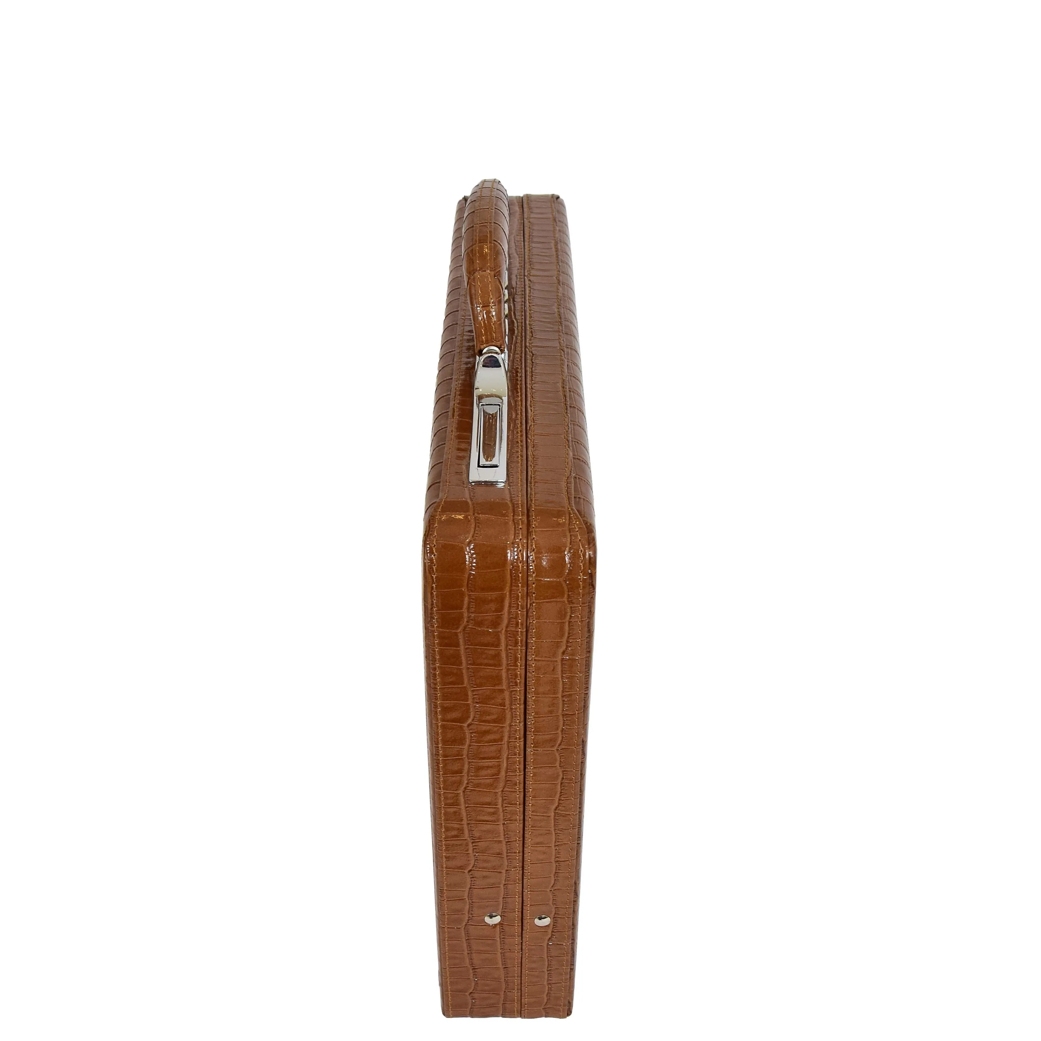 Croc-Print Brown Leather Classic Attaché Briefcase Bag Slim Line Dual Lock HOL87