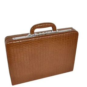 Croc-Print Brown Leather Classic Attaché Briefcase Bag Slim Line Dual Lock HOL87