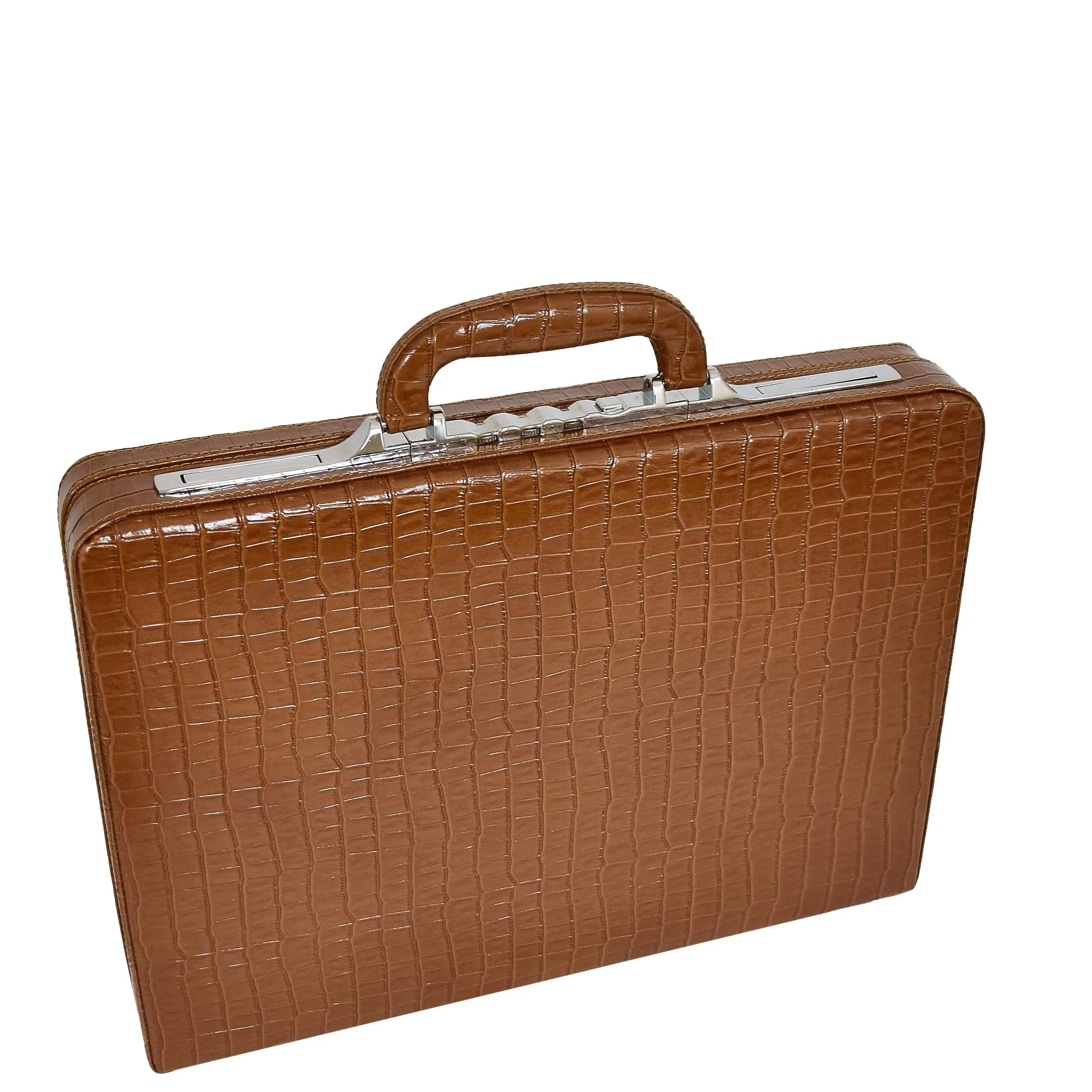 Croc-Print Brown Leather Classic Attaché Briefcase Bag Slim Line Dual Lock HOL87