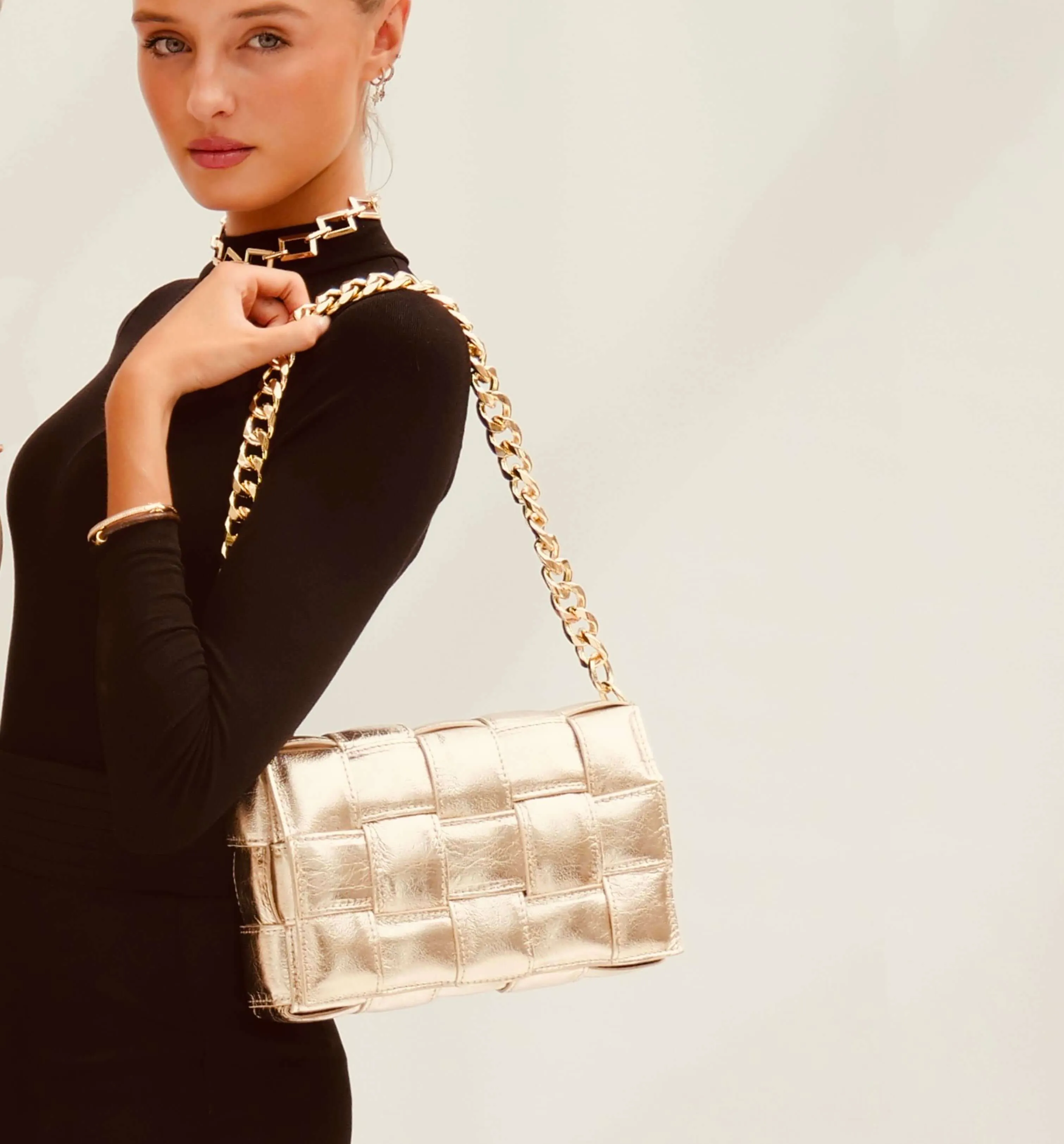 Ecru Padded Woven Leather Crossbody Bag With Gold Chain Strap