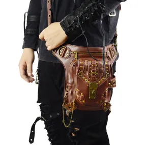 New Style Cool Punk Leather Waist Bag Retro Steampunk Bags Skull PU Leather Leg Bags Brown Rivet Crossbody Bag Phone Case Holder