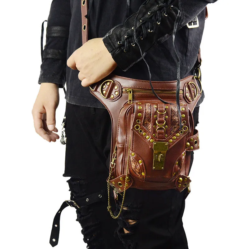 New Style Cool Punk Leather Waist Bag Retro Steampunk Bags Skull PU Leather Leg Bags Brown Rivet Crossbody Bag Phone Case Holder