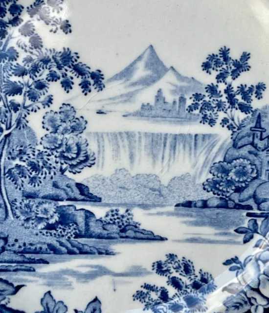 Peaceful Summer Waterfall Mountains Blue Tea Cup & Saucer Transferware  Scrolls & Roses