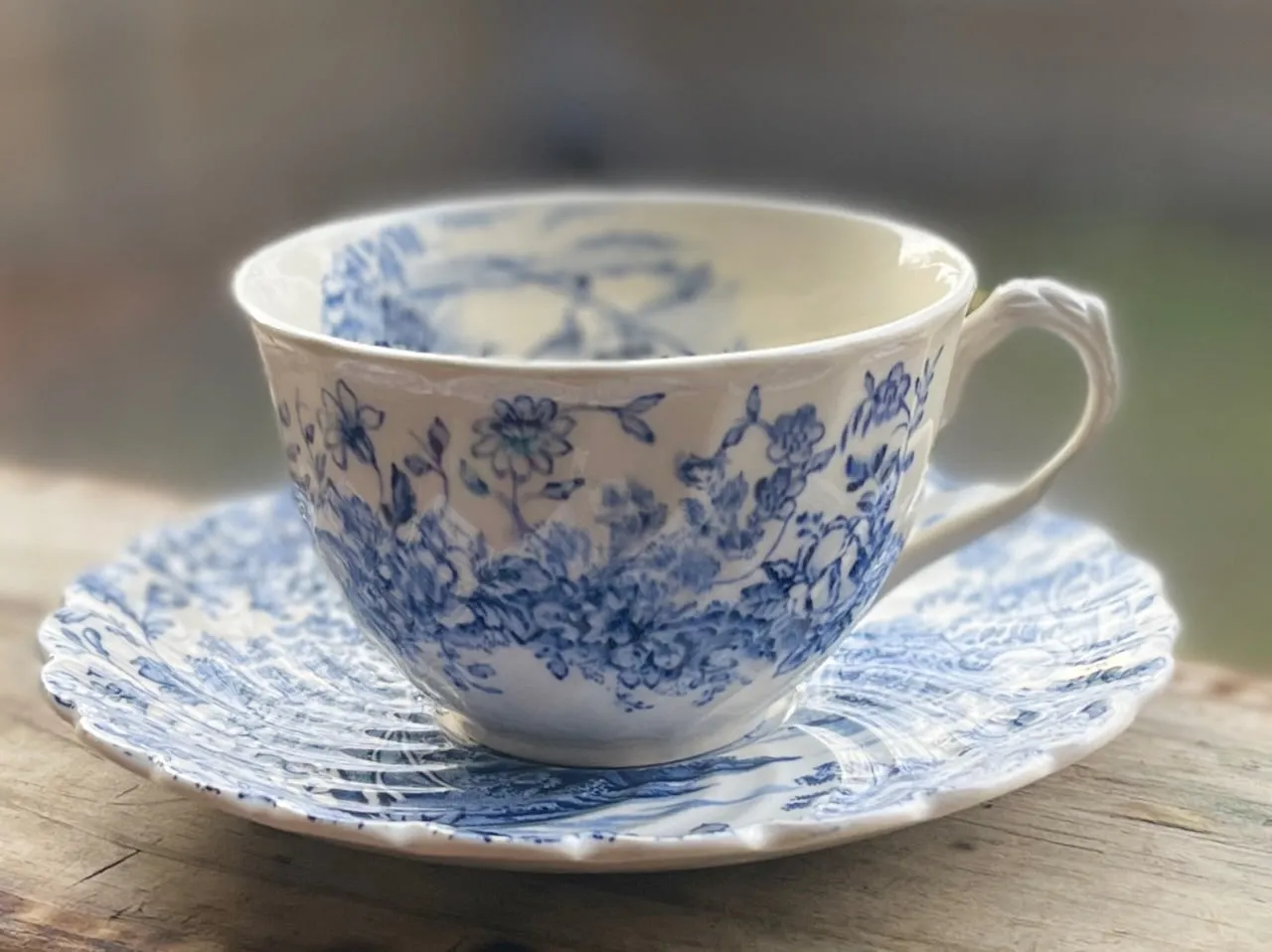 Peaceful Summer Waterfall Mountains Blue Tea Cup & Saucer Transferware  Scrolls & Roses