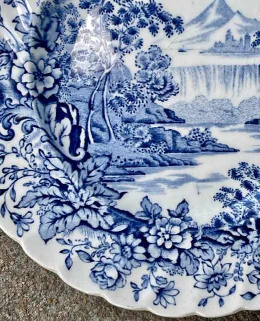 Peaceful Summer Waterfall Mountains Blue Tea Cup & Saucer Transferware  Scrolls & Roses