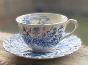 Peaceful Summer Waterfall Mountains Blue Tea Cup & Saucer Transferware  Scrolls & Roses
