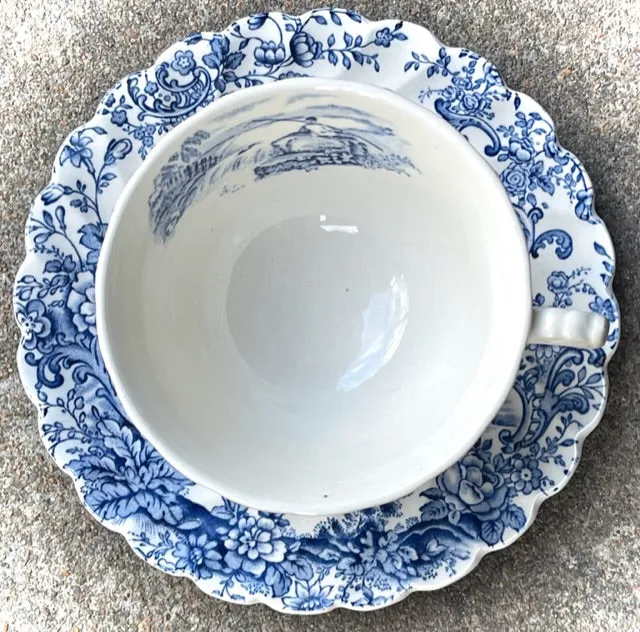 Peaceful Summer Waterfall Mountains Blue Tea Cup & Saucer Transferware  Scrolls & Roses