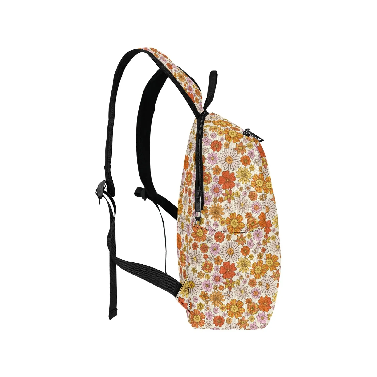 Pink Floral Backpack, Retro Vintage 70s Flowers Men Women Kids Gift Him Her School College Cool Waterproof Side Pockets Laptop Aesthetic Bag