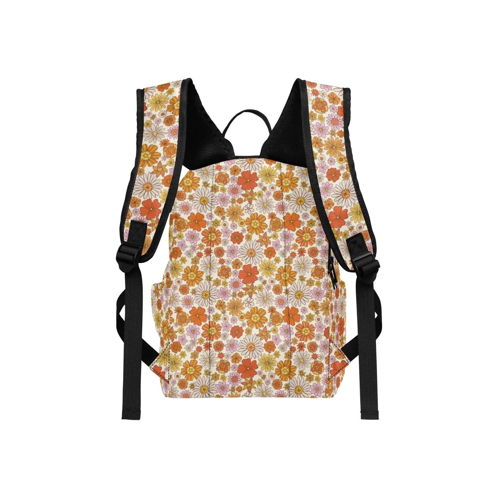 Pink Floral Backpack, Retro Vintage 70s Flowers Men Women Kids Gift Him Her School College Cool Waterproof Side Pockets Laptop Aesthetic Bag