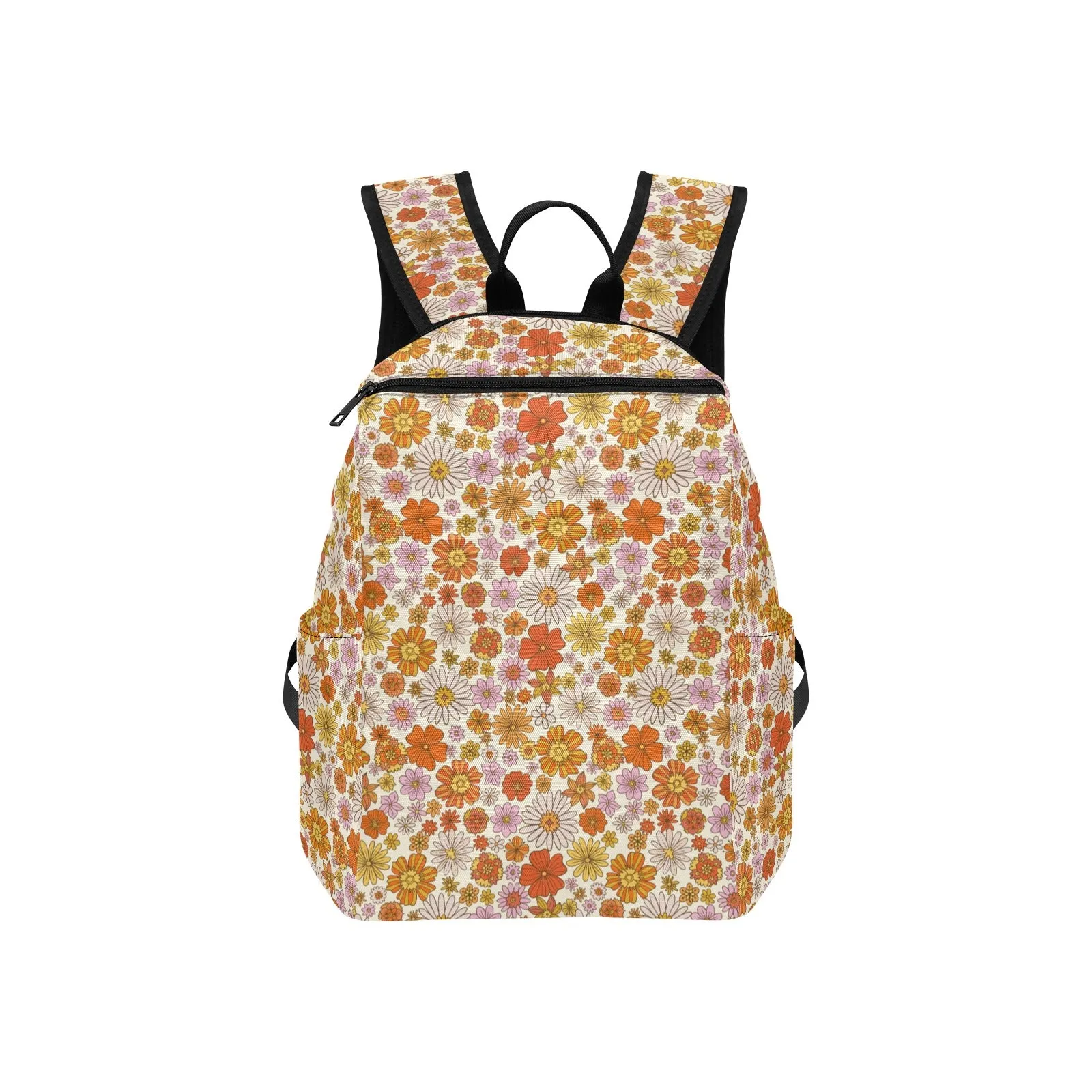 Pink Floral Backpack, Retro Vintage 70s Flowers Men Women Kids Gift Him Her School College Cool Waterproof Side Pockets Laptop Aesthetic Bag