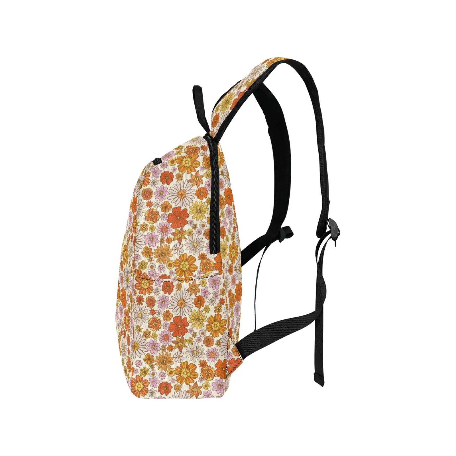 Pink Floral Backpack, Retro Vintage 70s Flowers Men Women Kids Gift Him Her School College Cool Waterproof Side Pockets Laptop Aesthetic Bag