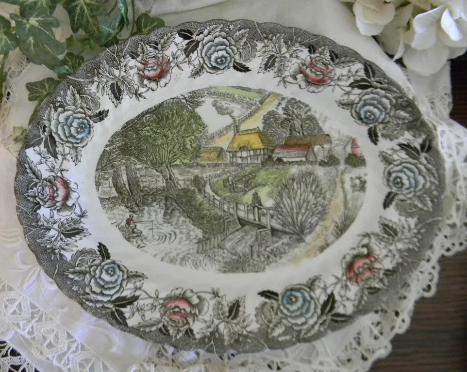 Polychrome  Brown English Transferware Platter Thatched Cottages Bridge Fishing Farming Waterfall Farm