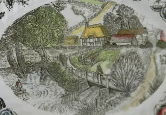 Polychrome  Brown English Transferware Platter Thatched Cottages Bridge Fishing Farming Waterfall Farm