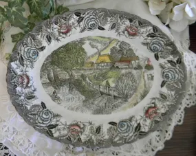 Polychrome  Brown English Transferware Platter Thatched Cottages Bridge Fishing Farming Waterfall Farm