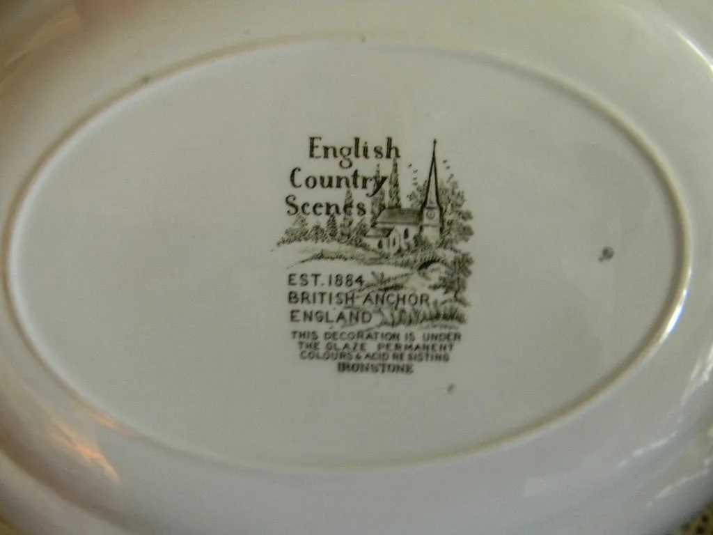 Polychrome  Brown English Transferware Platter Thatched Cottages Bridge Fishing Farming Waterfall Farm