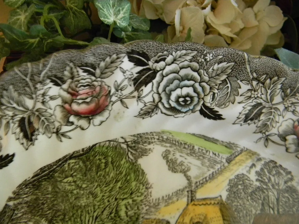 Polychrome  Brown English Transferware Platter Thatched Cottages Bridge Fishing Farming Waterfall Farm