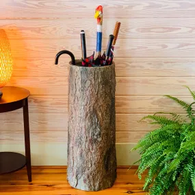 versatile Country Stump Vintage Farmhouse Umbrella Stand. Unique Indoor / Outdoor Walking Stick & Umbrella Holder. Rustic Home Entryway Log Bin.